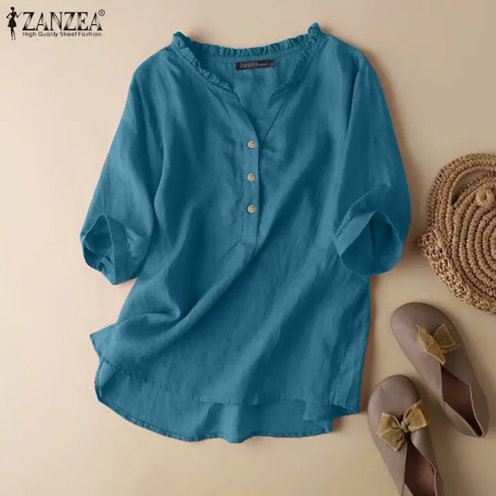 ZANZEA%20Women%20Short%20Sleeve%20V%20Neck%20Top%20Casual%20Loose%20Shirt%20Tee%20Solid%20Cotton%20Blouse%20#2%20-%20Image%205