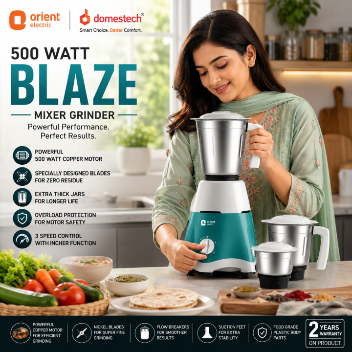 Orient Blaze 500 Watts (3 Jars) Mixer Grinder / Blender / Juicer