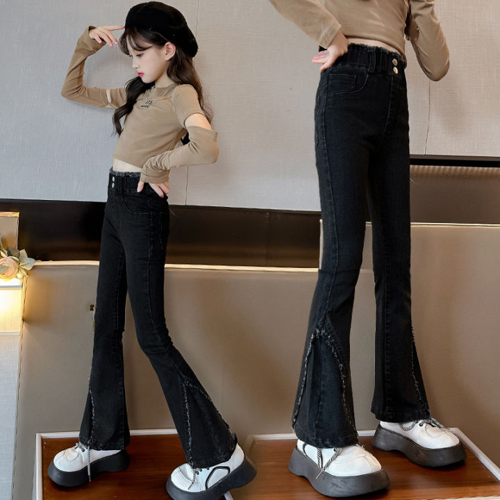 Girls' pants spring and autumn 2024 new girls big kids slim net red foreign fashion children's spring denim flared pants