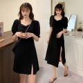 Plus Size Dress Women Solid Slim Trendy Spring Simple Korean Style Elegant Casual Soft Side-slit Ladies Fashion All-match Party.