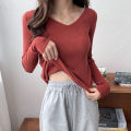 Autumn and Winter V Collar Knitted Long Sleeve Slim Fit Skinny Thermal Bottoming Shirt Top Trendy Pullover Slimming Sweater Women Wholesale. 