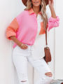 Eligible Women's Blouse Contrast Color Stitching Long Sleeve Lapel Button Closure Loose Versatile Casual Shirt Tops. 