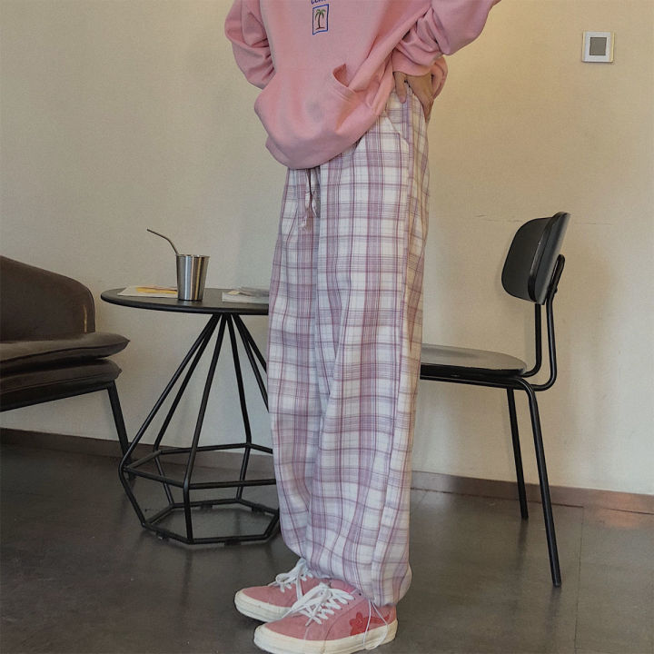Plaid Pants Women Autumn Fashion Pink High Waist Pants Casual