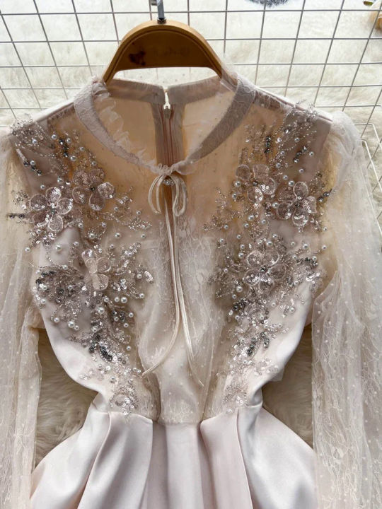 Women%20Beaded%20Vintage%20Dress%20Fashion%20High%20Waist%20Patchwork%20Gauze%20Elegant%20Dresses%20Ladies%20A%20Line%20Spring%20Autumn%20Apricot%20Robe%20Vestidos%20-%20Image%203