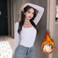 Black Square Collar Fleece-Lined Thickened Long-Sleeved Bottoming Shirt for Women Skinny Inner Match T T-shirt 2021 Winter and Spring All-Match Low Collar Top.