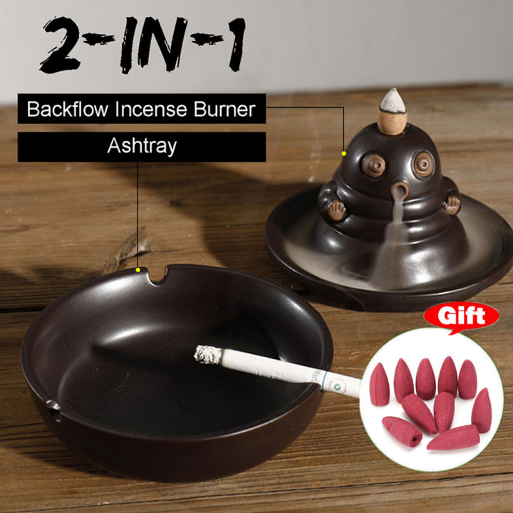 2in1 Ceramic Ashtray Smoke Censer Cute Buddha Backflow Tower Cone Incense Burner