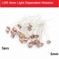 5pcs LDR 5mm Diameter Photoresistor Photo Cell Light Dependent Resistor 5mm LDR Sensor Switches For Night Light Street Light Sensor Automatic Headlight Dimmer Control Photo Light Sensitive Resistor.