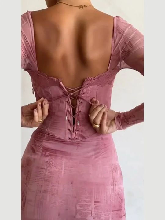 Women%20Fashion%20Lace%20Patchwork%20Print%20Dress%20Backless%20Drawstring%20Tie%20Bodycon%20Long%20Robes%20Elegant%20Ladies%20Evening%20Party%20Vestidos%20-%20Image%204