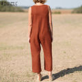 ZANZEA Women Summer Cotton Linen Sleeveless Jumpsuit Loose Casual V Neck Solid Playsuit. 