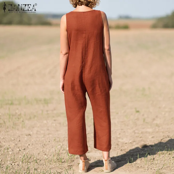 ZANZEA%20Women%20Summer%20Cotton%20Linen%20Sleeveless%20Jumpsuit%20Loose%20Casual%20V%20Neck%20Solid%20Playsuit%20-%20Image%202