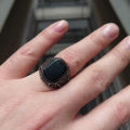 Vintage Ottoman Men's Moon Ring Inlaid Black Onyx Stone Ring. 