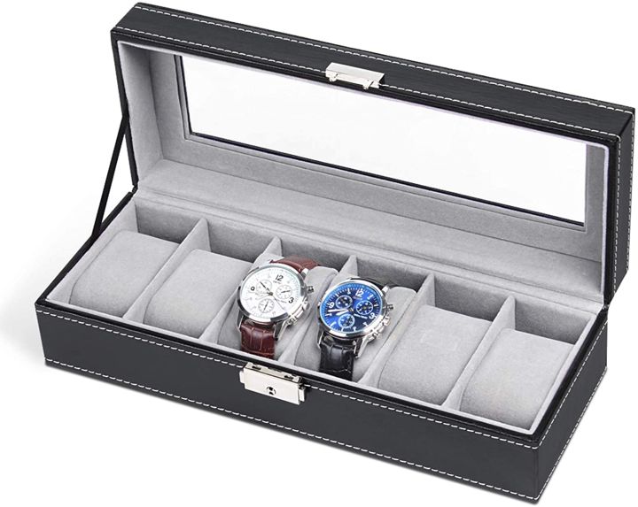 6%20Slot%20Leather%20Watch%20Box%20Display%20Case%20Organizer%20Glass%20Jewelry%20Storage%20Black%20-%20Safeguard%20Timepieces%20With%20The%206%20Slot%20Leather%20Watch%20Box%20-%20Image%205