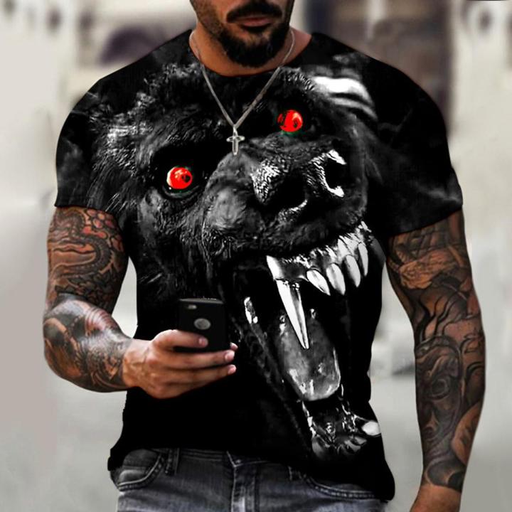 Beast wolf 3d black printing series new summer men's short sleeved shirt super large top fashion street wear o collar men's shir