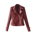 Women Faux Leather Lapel Motorcycle Jacket Long Sleeve Zip Up Coat. 