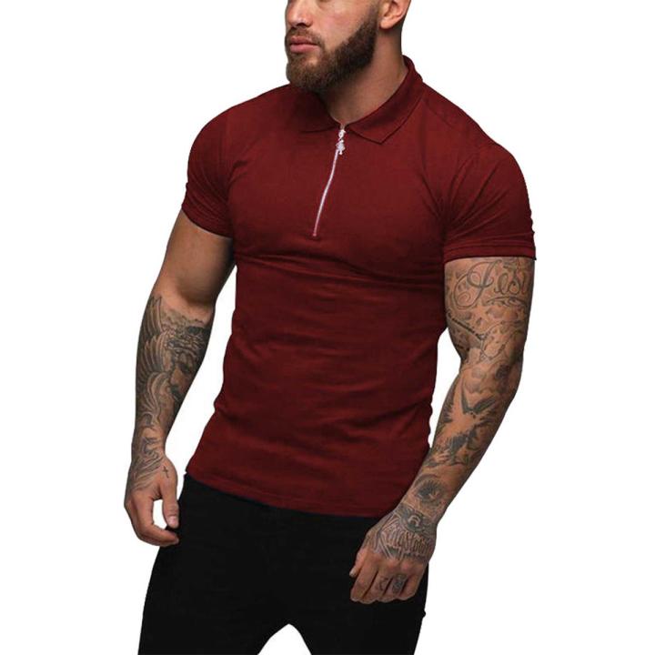 2021 Men's Short Sleeve T-Shirt, Casual Solid Color Slim Fit Zipper Polo Shirts for Hiking Travel Sports