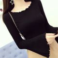 Super Fairy Bell Sleeve Top for Women Spring and Autumn New Versatile Long Sleeves Elastic Wooden Ear off-Neck Knitted Bottoming Shirt Trendy.