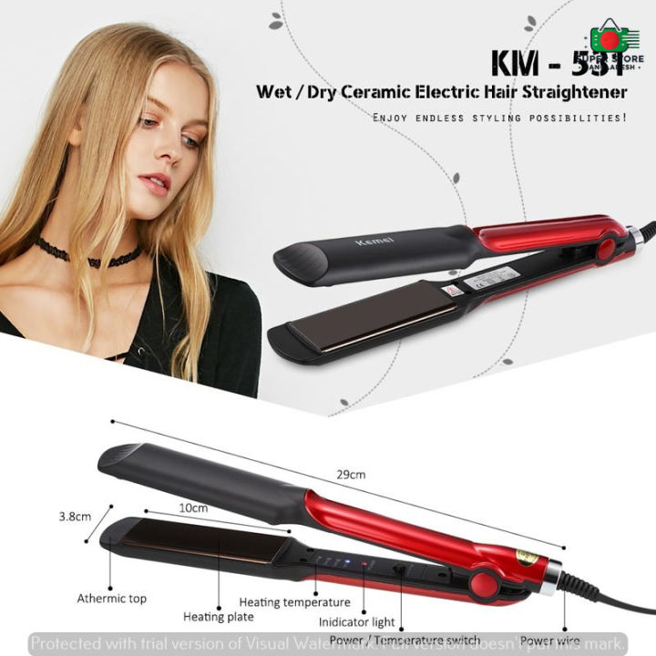 Kemei KM 531 Professional Hair Straightener Wet Dry Ceramic Coating Electric Hair Straightener Fast Heating Styling Tool Black Red