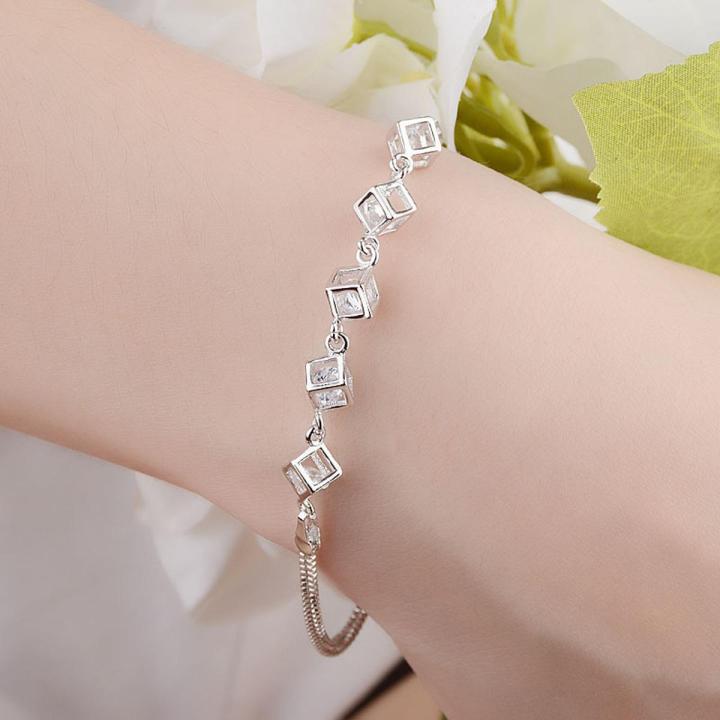 Silver Bracelets for Women Clear Cube Crystal Chain Bracelet