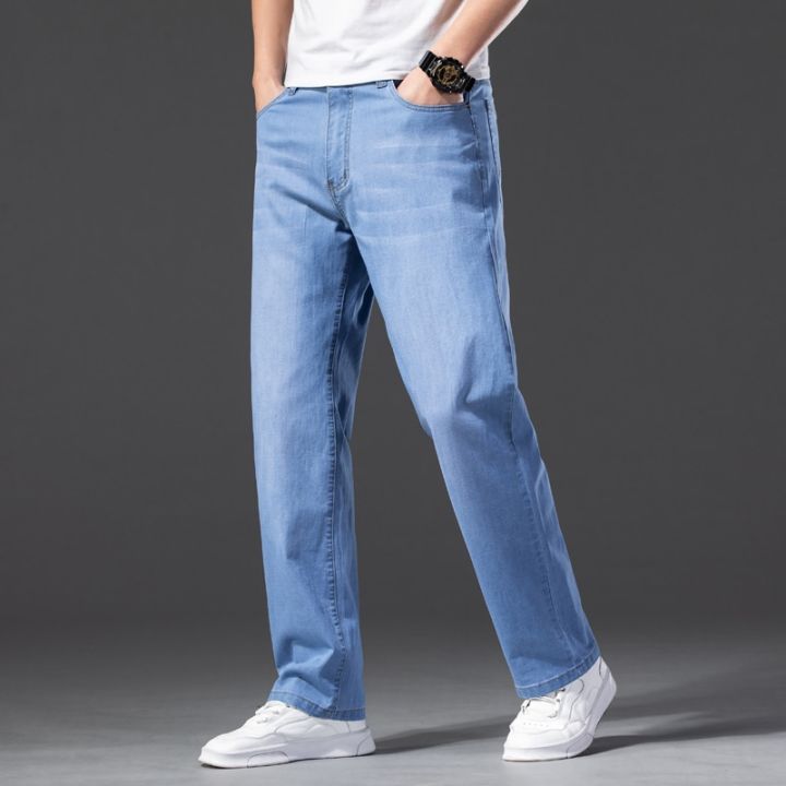 Men's Straight Cut Jeans Summer Loose Pants Light Blue Straight Leg Pants Fit Male Vintage Large Size 44 Business Denim Trousers