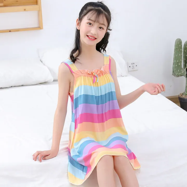 Girls'%20Nightdress%20Cotton%20Silk%20Girls'%20Pajamas%20Sleeveless%20Summer%20Medium%20and%20Large%20Children's%20Sling%20Princess%20Dress%20Artificial%20Cotton%20Home%20Wear%20-%20Image%203