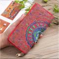 Women PU Leather Embroidery Floral Wallet with Zipper Card Holder, Blue, Red, Black, Pink, 20x10 CM.