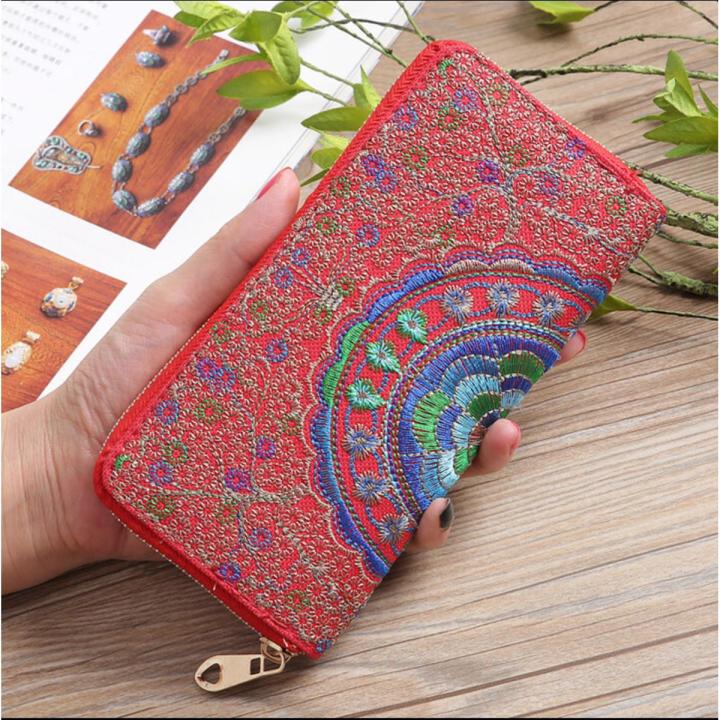 Women PU Leather Embroidery Floral Wallet with Zipper Card Holder, Blue, Red, Black, Pink, 20x10 CM