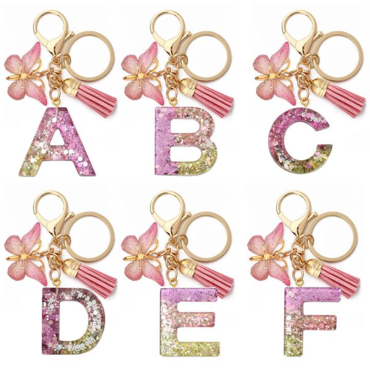 A To Z Pink Snowflakes Filled Letter Keychain Women Wallet Charms 26 Initials Alphabet Butterfly Tassel Pendant With Key Rings Women Girl Handbags Jewelry Gift