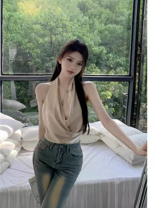 Elegant%20Adult%20Lady%20like%20Woman%20Style%20Halter%20v%20Collar%20Cross%20Sling%20T%20T-shirt%202024%20Summer%20New%20Korean%20Style%20Sexy%20Backless%20Sleeveless%20Top%20-%20Image%202