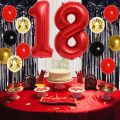 Red and Black 18th Birthday Party Decorations with Number 18 Foil Balloon Cake Topper and Curtain for Boys Girls 18th Birthday.