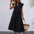Women Summer Dress A-line Patchwork Big Hem Lady Dress Flying Sleeves Ruffle Pleated Vacation Beach Midi Dress. 