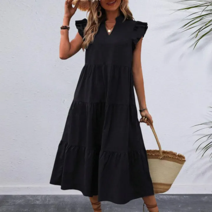 Women%20Summer%20Dress%20A-line%20Patchwork%20Big%20Hem%20Lady%20Dress%20Flying%20Sleeves%20Ruffle%20Pleated%20Vacation%20Beach%20Midi%20Dress%20-%20Image%202