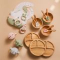 7pcs Bamboo Wooden Dinosaur Dinner Plates Children Tableware Feeding Supplies Suction Bowls BPA Free Infant Baby Tableware Set. 