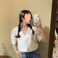 Summer New Korean Style Sense of Design Chiffon polo Collar Shirt Women's Loose Crop Top Women's Short-Sleeved Shirt. 