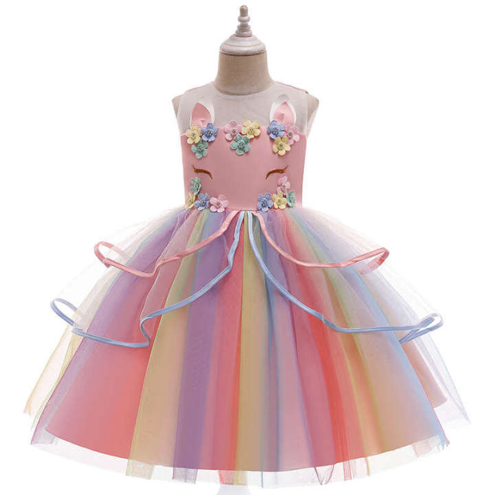 2024 New Girl's Princess Unicorn Puff Children's Dress