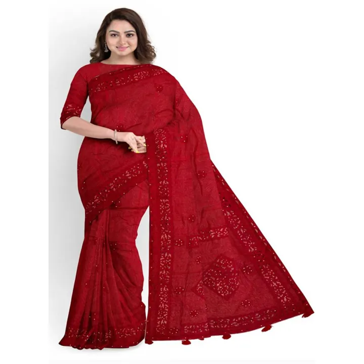 Tangail Tat Maroon Color Tercel Aschol 12 Hand Half Silk   kating Djain Saree  for Women