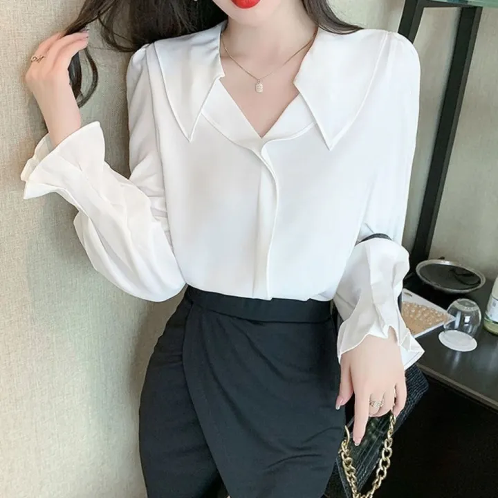 Design%20Chiffon%20Shirt%20Women's%20Long%20Sleeve%20Spring%20and%20Autumn%20New%20Korean%20Style%20Graceful%20Puff%20Sleeve%20Chic%20Top%20Bottoming%20Shirt%20Fashion%20-%20Image%203