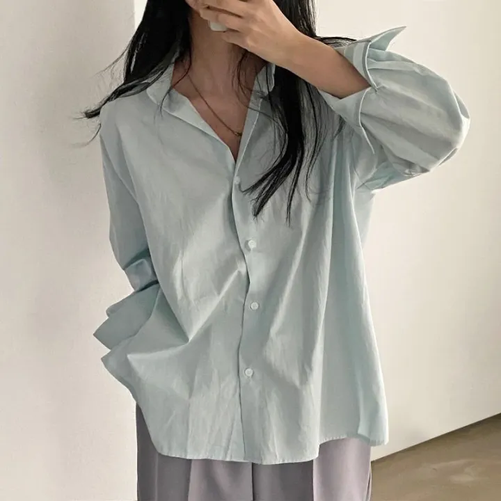 South%20KoreachicFrench%20Lazy%20Style%20Loose%20Solid%20Color%20Single%20Breasted%20Casual%20All-Matching%20Fashion%20Shirt%20Top%20Women%20-%20Image%202