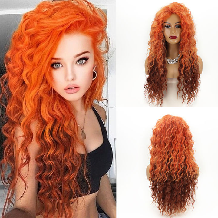 Long Fluffy Curly Wig for Women Ombre Orange Ginger Natural Wavy Hair Wig Ash Blonde Synthetic Loose Deep Wave Wig Cosplay
