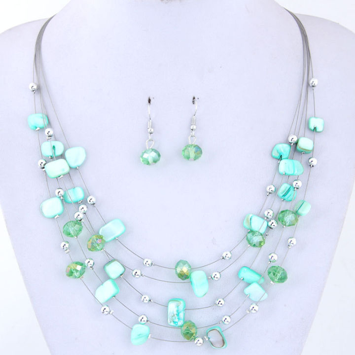 AliExpress%20wish%20exaggerated%20versatile%20crystal%20turquoise%20shell%20mix%20multi-layer%20necklace%20earrings%20set%20women's%20jewelry%20-%20Image%204