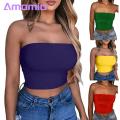 Amamia Women Solid Color Strapless Cropped Mini Bustier Slim Elastic Tube Top. 