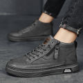 Men's Sneakers Autumn and Winter Breathable Sports Casual High-Top Leather Shoes Men's Work Black Motorcycle Joker Martin Boots.