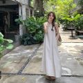 Japan South Korea Open Back Holiday Strap Sleeveless Tank Top for Women's Summer Design, Small and Loose, White Beach Long Dress.