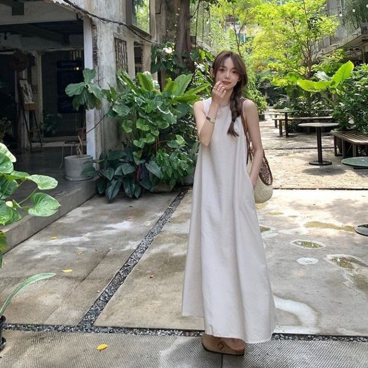 Japan South Korea Open Back Holiday Strap Sleeveless Tank Top for Women's Summer Design, Small and Loose, White Beach Long Dress