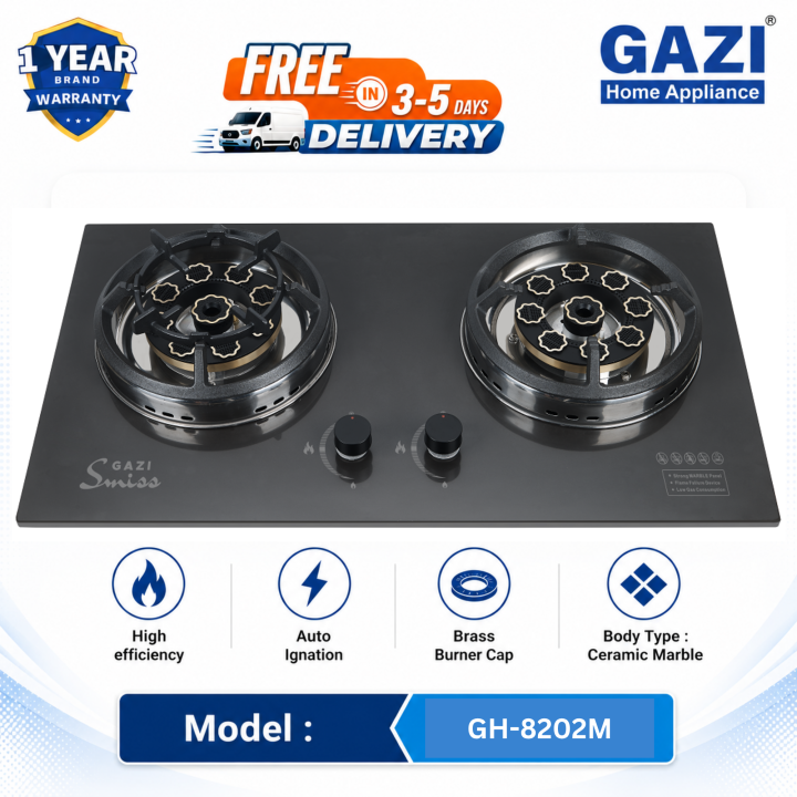 Gazi Smiss GH-8202M Double-Burner Gas Stove – Energy Saving, Marvel Top, Auto Ignition, Brass Burner Cap, Blue Flame, LPGl Gas Compatible.