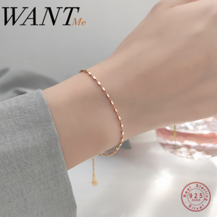 WANTME Real 925 Sterling Silver Simple Geometric Square Cuban Chain Charm Bracelet for Fashion Women Chic Jewelry Accessories
