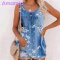 Amamia Denim Blouse Arc Hem Sleeveless Floral Print Denim Blouse.