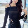 2023 autumn and winter new women's strap drawstring hot girl style solid color off-neck irregular outer wear women's T-shirt top.
