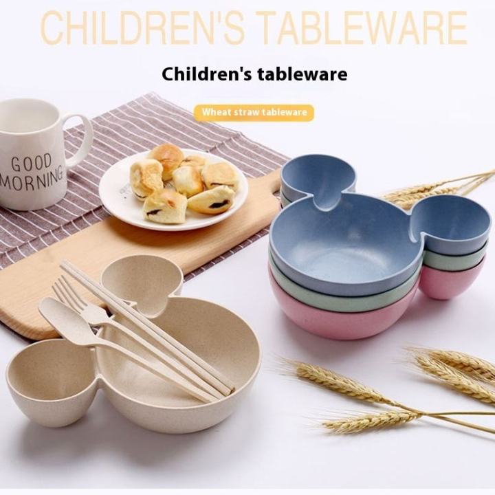 4Pcs/set Cartoon Kids Tableware Wheat Straw Dinner Plate Divided Meal Bowl Spoon Fork Chopsticks Lovely Feeding Plate Bowl Small Chips Snacks Dishware