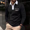 New patchwork zipper lapel fashionable casual men's long sleeved T-shirt Polo hot selling men's top clothing.