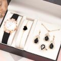 LooKeo Mall Ladies Dress Watch Set with 6PCS Fashion Jewelry - Black Leather Quartz Women's Watch with Necklace, Earrings, and Bracelet.